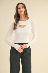 Cut Out Long Sleeve Ribbed Knit Top Mable